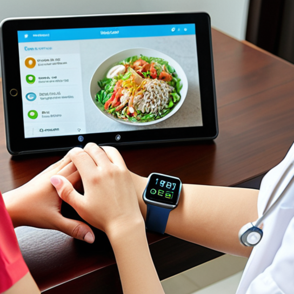 **

A Vietnamese family using wearable technology (smartwatch, fitness tracker) in their modern home. Show a doctor connecting remotely via Telehealth on a tablet, advising them on healthy lifestyle choices, personalized nutrition based on genetic data, and disease prevention. Focus on positive, proactive health management.

**