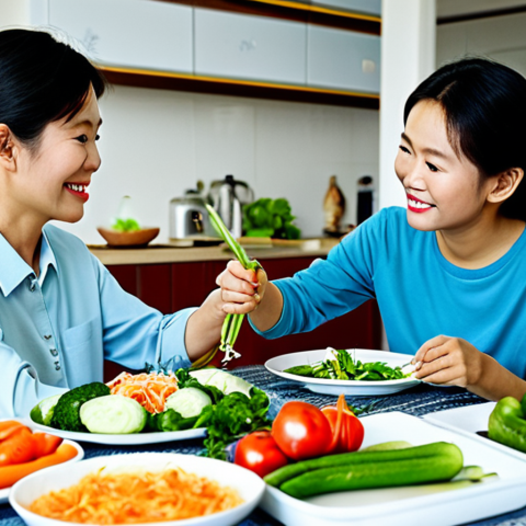 "A Vietnamese family enjoying a healthy meal together at home, featuring fresh vegetables and fruits, fully clothed, appropriate content, safe for work, perfect anatomy, natural proportions, family-friendly, high-quality photography."
