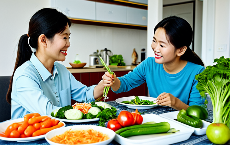 "A Vietnamese family enjoying a healthy meal together at home, featuring fresh vegetables and fruits, fully clothed, appropriate content, safe for work, perfect anatomy, natural proportions, family-friendly, high-quality photography."