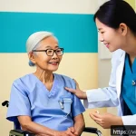 Home 22 예방 중심 헬스케어에 필요한 인재 - A compassionate Vietnamese healthcare worker attentively listening to an elderly patient in a bright...