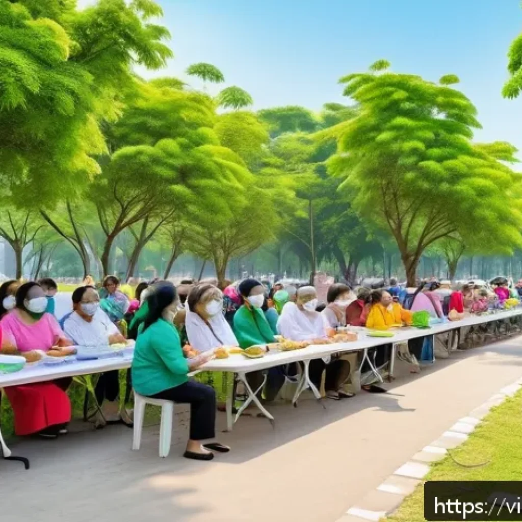 예방 중심 헬스케어의 효과적인 캠페인 전략 - A vibrant community health workshop scene in a Vietnamese urban neighborhood park during daytime, fe...