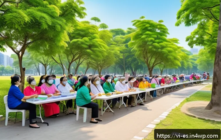 예방 중심 헬스케어의 효과적인 캠페인 전략 - A vibrant community health workshop scene in a Vietnamese urban neighborhood park during daytime, fe...