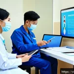 Home 19 예방 중심 헬스케어 정책 분석 - A modern Vietnamese community health center interior, featuring healthcare professionals wearing mas...