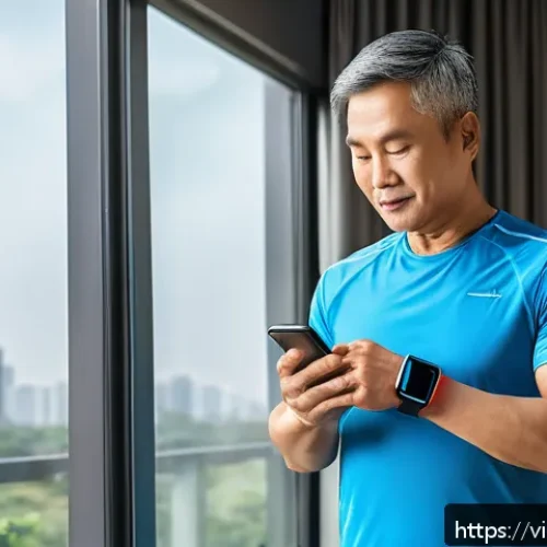 Home 30 예방 중심 헬스케어의 행복도 향상 - A Vietnamese middle-aged man wearing a smart fitness watch and a health tracking wristband, monitori...