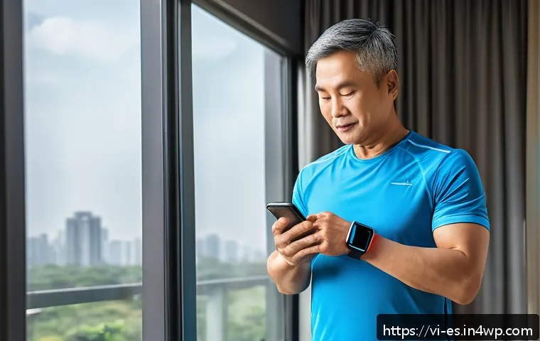 예방 중심 헬스케어의 행복도 향상 - A Vietnamese middle-aged man wearing a smart fitness watch and a health tracking wristband, monitori...