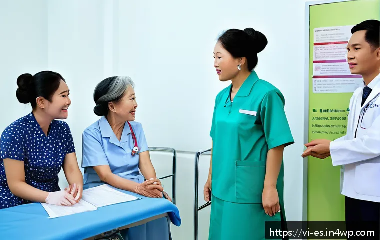 예방 중심 헬스케어의 법적 측면 - A vibrant Vietnamese community health clinic scene showing a diverse group of adults and elderly peo...